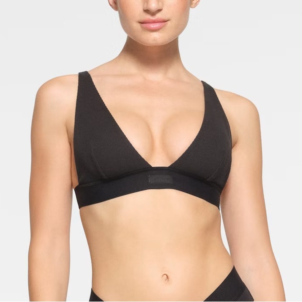 SKIMS Cotton Rib Plunge Bralette in Black Small NWT